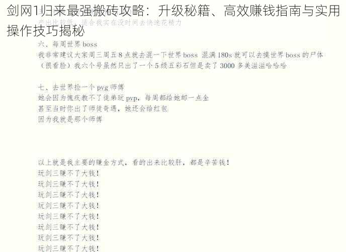 剑网1归来最强搬砖攻略：升级秘籍、高效赚钱指南与实用操作技巧揭秘